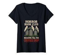 Femme Lecteur effrayant du Horror Book Club, fan de thrillers de fiction gothique T-Shirt avec Col en V