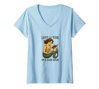 Femme Lecture de Mermaid Lost in The Tide of a Good Book Ocean T-Shirt avec Col en V