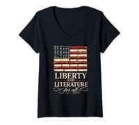 Femme Lecture du Drapeau américain Liberty and Literature T-Shirt avec Col en V