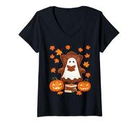 Femme Lecture fantôme Automne Citrouille Amoureux des Livres T-Shirt avec Col en V