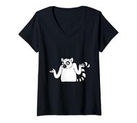 Femme Lémurien à Queue Annelée Haussant Épaules Cartoon T-Shirt avec Col en V