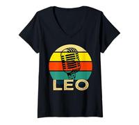 Femme Leo Microphone rétro avec nom des années 80 T-Shirt avec Col en V