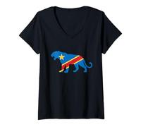 Femme Léopard Congo Rugissant - Drapeau RDC Fier T-Shirt avec Col en V