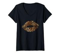 Femme Leopard Lips Trendy Kiss Mouth Femme Guépard Animal T-Shirt avec Col en V