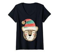 Femme Léopard Souriant Portant Un Chapeau de Vacances T-Shirt avec Col en V