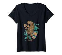 Femme Leopard Surrounded by Tropical Flowers Leaves T-Shirt avec Col en V