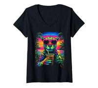 Femme Léopard Tropical avec Lunettes de Soleil café glacé Plage été T-Shirt avec Col en V