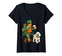 Femme Leprechaun de la Saint-Patrick avec Caniche Marchant à la bière T-Shirt avec Col en V