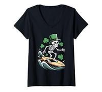 Femme Leprechaun Skeleton Surfing St Patricks Day Waves T-Shirt avec Col en V