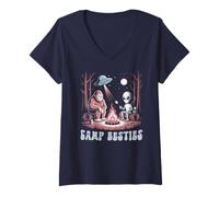 Femme L'équipe du Terrain de Camping Funny Alien Bigfoot Summer Camp Besties T-Shirt avec Col en V