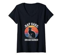 Femme Les Amoureux des Chats de Nap Hard Dream Harder T-Shirt avec Col en V