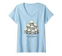 Femme Les Catacombes de Paris Crânes pour Lumières Imprimé Vieilli T-Shirt avec Col en V