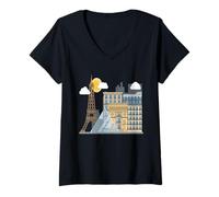 Femme Les célèbres bâtiments de Paris - la Tour Eiffel - Le Louvre T-Shirt avec Col en V