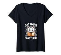 Femme Les Chats Font la Sieste et Les Pages tournent Les Amoureux des Livres T-Shirt avec Col en V