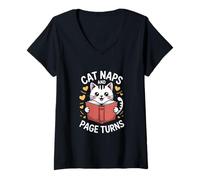 Femme Les Chats Font la Sieste et Les Pages tournent Les Amoureux des Livres T-Shirt avec Col en V