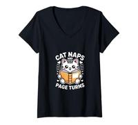 Femme Les Chats Font la Sieste et Les Pages tournent Les Amoureux des Livres T-Shirt avec Col en V