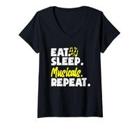 Femme Les comédies musicales Eat Sleep reprennent le plaisir des amateurs de musique T-Shirt avec Col en V