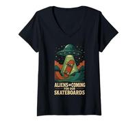 Femme Les extraterrestres arrivent pour nos Skateboards T-Shirt avec Col en V