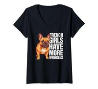 Femme Les Filles françaises Ont Plus de Rides Bouledogue français Frenchie T-Shirt avec Col en V