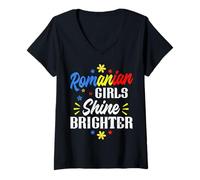 Femme Les Filles roumaines Brillent Plus Lumineuses Roumanie Femmes T-Shirt avec Col en V