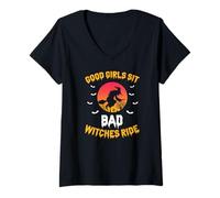 Femme Les Filles Sages S'assoient Les Sorcières Volent Phrase T-Shirt avec Col en V