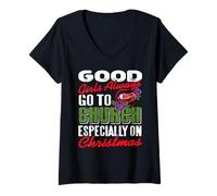 Femme Les Filles sages Vont à l'église pour Noël T-Shirt avec Col en V