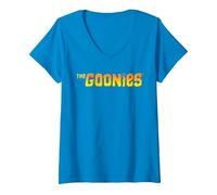 Femme Les Goonies, Film Logo Friends Adventure Fun, Classique des années 80 et 90 T-Shirt avec Col en V, Saphir, M