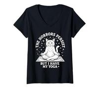 Femme Les horreurs Persistent mais J'Ai Mon drôle de Chat de Yoga T-Shirt avec Col en V