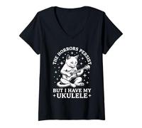 Femme Les horreurs Persistent mais Mon Chat ukulélé est drôle T-Shirt avec Col en V