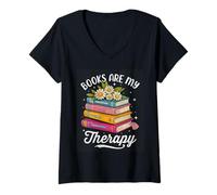 Femme Les Livres sont ma thérapie Stack Flowers T-Shirt avec Col en V