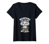 Femme Les Montagnes appellent, Tout comme Mon Chien Retro Adventure T-Shirt avec Col en V