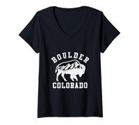 Femme Les Montagnes du Colorado à l'intérieur d'une Silhouette de Bison Boulder Vintage T-Shirt avec Col en V