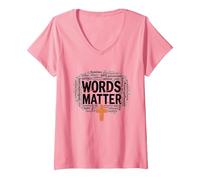Femme Les Mots comptent : Lutte Contre Le harcèlement, empathie, Amour, Respect, gentillesse T-Shirt avec Col en V, Rose, S