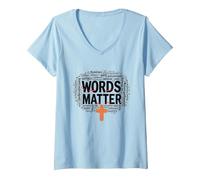 Femme Les Mots comptent : Lutte Contre Le harcèlement, empathie, Amour, Respect, gentillesse T-Shirt avec Col en V, Bleu Céleste, S