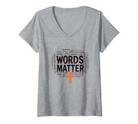 Femme Les Mots comptent : Lutte Contre Le harcèlement, empathie, Amour, Respect, gentillesse T-Shirt avec Col en V, Gris Chiné, L