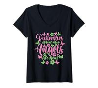 Femme Les Papillons apparaissent Quand Les Anges sont Proches T-Shirt avec Col en V