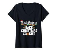 Femme Les Plus susceptibles de Faire Cuire des Biscuits de Noël Amusants Assortis à la Famille T-Shirt avec Col en V