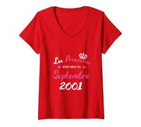 Femme Les Princesses sont nées en Septembre 2001 Anniversaire Fête T-Shirt avec Col en V, Rouge, S
