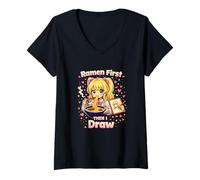 Femme Les Ramen d'abord, Puis Je dessine | Artiste d'anime Kawaii T-Shirt avec Col en V