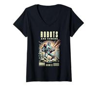 Femme Les Robots arrivent, méfiez-Vous! Agir Amical avec la T-Shirt avec Col en V