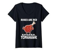 Femme Les Roses Funny Tomahawk Steak sont de la Viande mus Base de Jeu de Mots Rouges T-Shirt avec Col en V