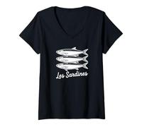 Femme Les Sardines French Bistro Nautical Seafood Art T-Shirt avec Col en V
