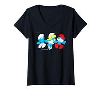 Femme Les Schtroumpfs Movie Schtroumpfette & Papa Schtroumpf Tenant la Main T-Shirt avec Col en V
