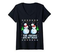 Femme Les végétaliens Ont mangé Mon Nez, Bonhomme de Neige, Blague de Noël T-Shirt avec Col en V