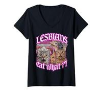 Femme Lesbians Eat What ?! Chat amusant Gay Pride LGBTQ Meme Fun Cats T-Shirt avec Col en V