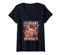 Femme Lesbians Eat What Funny Cat Gay Pride LGBTQ Pun Hommes Femmes T-Shirt avec Col en V