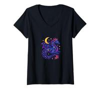 Femme l'esprit du Dragon céleste Monte Parmi Les étoiles Art Magique Lunaire T-Shirt avec Col en V
