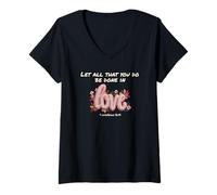 Femme Let All You Do Be Done in Love, Verset biblique chrétien Fleuri T-Shirt avec Col en V
