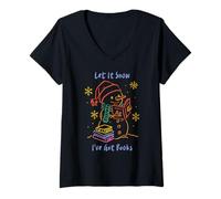 Femme Let It Snow I've Got Books, Cozy Snowman Reading Winter Cute T-Shirt avec Col en V