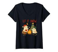 Femme Let It Snow Jolis fantômes Autour du feu de Camp T-Shirt avec Col en V